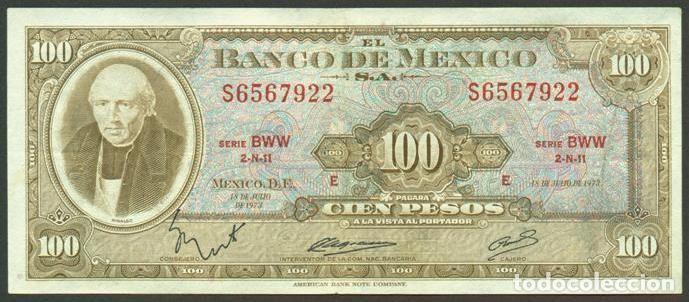 Billetes extranjeros: MEXICO. 100 pesos 18.7. 1973. Pick 61i. Serie BWW. Ver color del sello en el reverso.