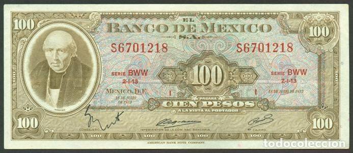 Billetes extranjeros: MEXICO. 100 pesos 18.7. 1973. Pick 61i. Serie BWW. Ver color del sello en el reverso.