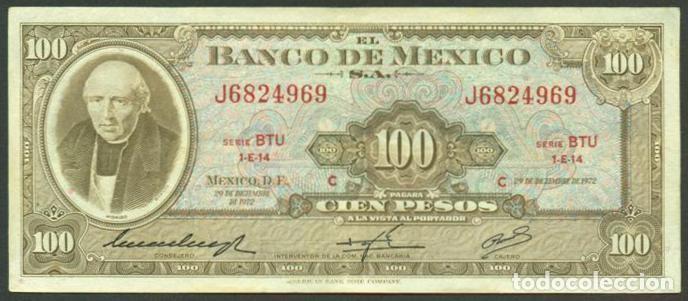 Billetes extranjeros: MEXICO. 100 pesos 27.6. 1972. Pick 61g. Serie BTU. Ver color del sello en el reverso.