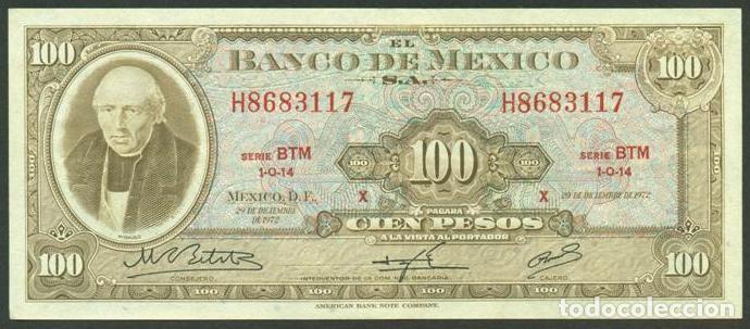 Billetes extranjeros: MEXICO. 100 pesos 27.6. 1972. Pick 61g. Serie BTM. Ver color del sello en el reverso.