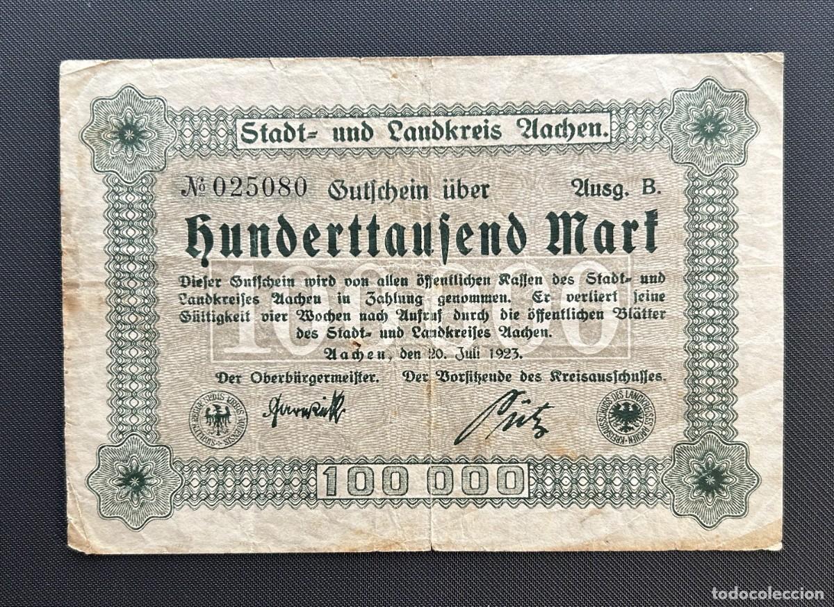 Billetes extranjeros: 100000 MARCOS 1923 AACHEN (AQUISGRAN). ALEMANIA