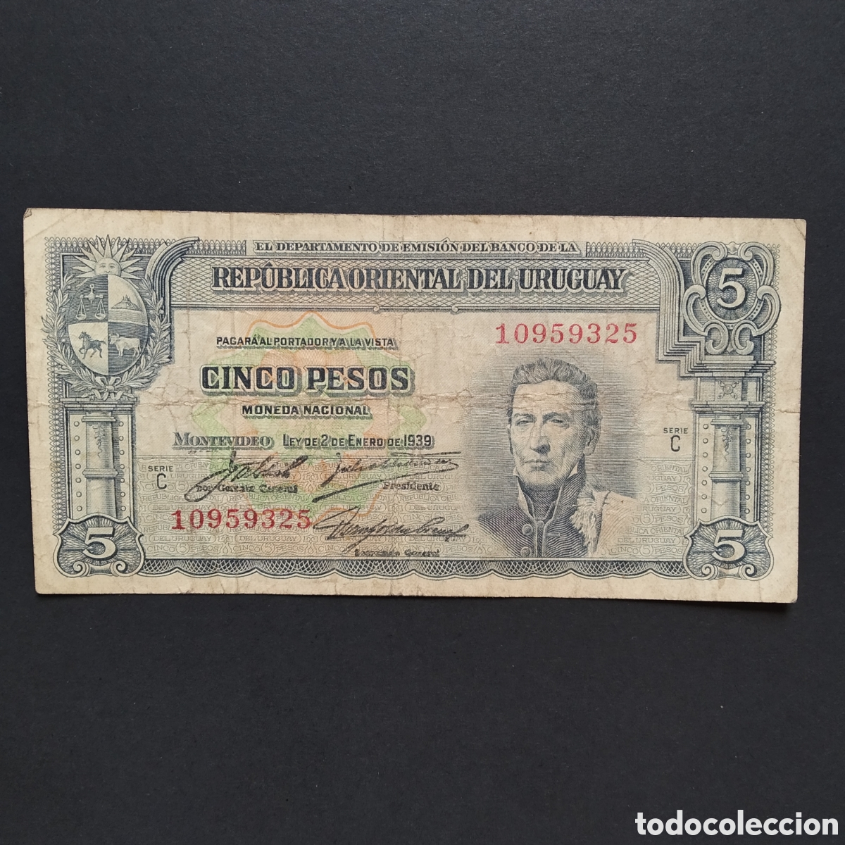 Billetes extranjeros: BILLETE - URUGUAY 5 PESOS 1939 (SERIE C) (VER FIRMAS)