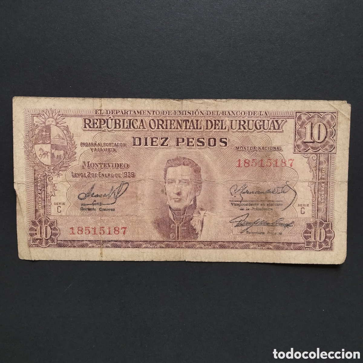 Billetes extranjeros: BILLETE - URUGUAY 10 PESOS 1939 (SERIE C) (VER FIRMAS)