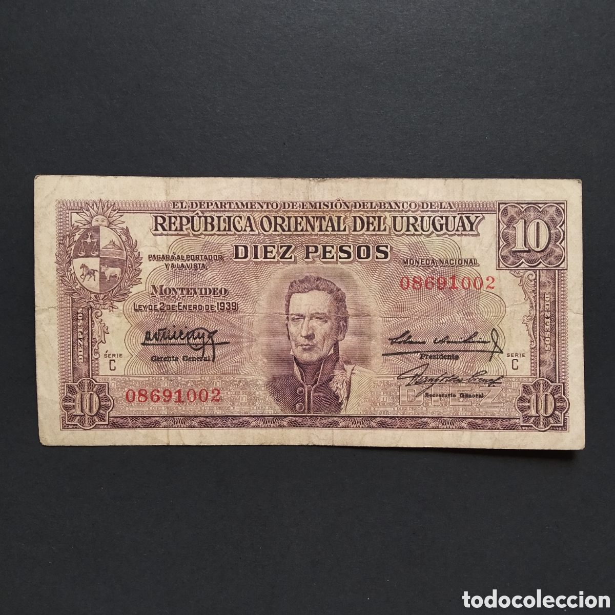 Billetes extranjeros: BILLETE - URUGUAY 10 PESOS 1939 (SERIE C) (VER FIRMAS)