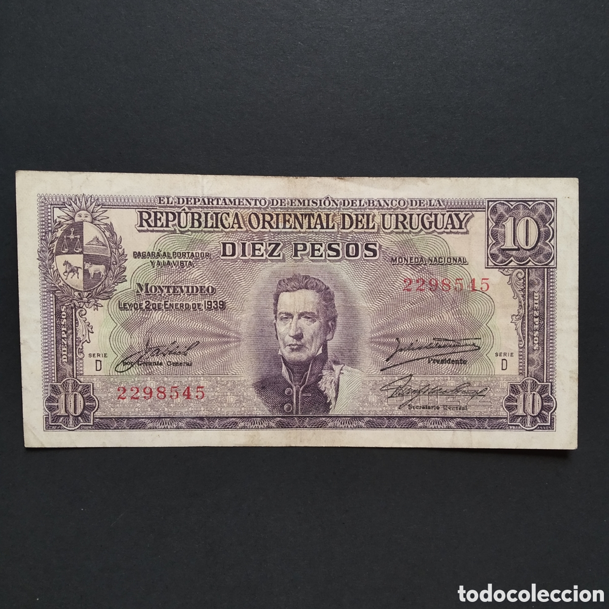 Billetes extranjeros: BILLETE - URUGUAY 10 PESOS 1939 (SERIE D) (VER FIRMAS)
