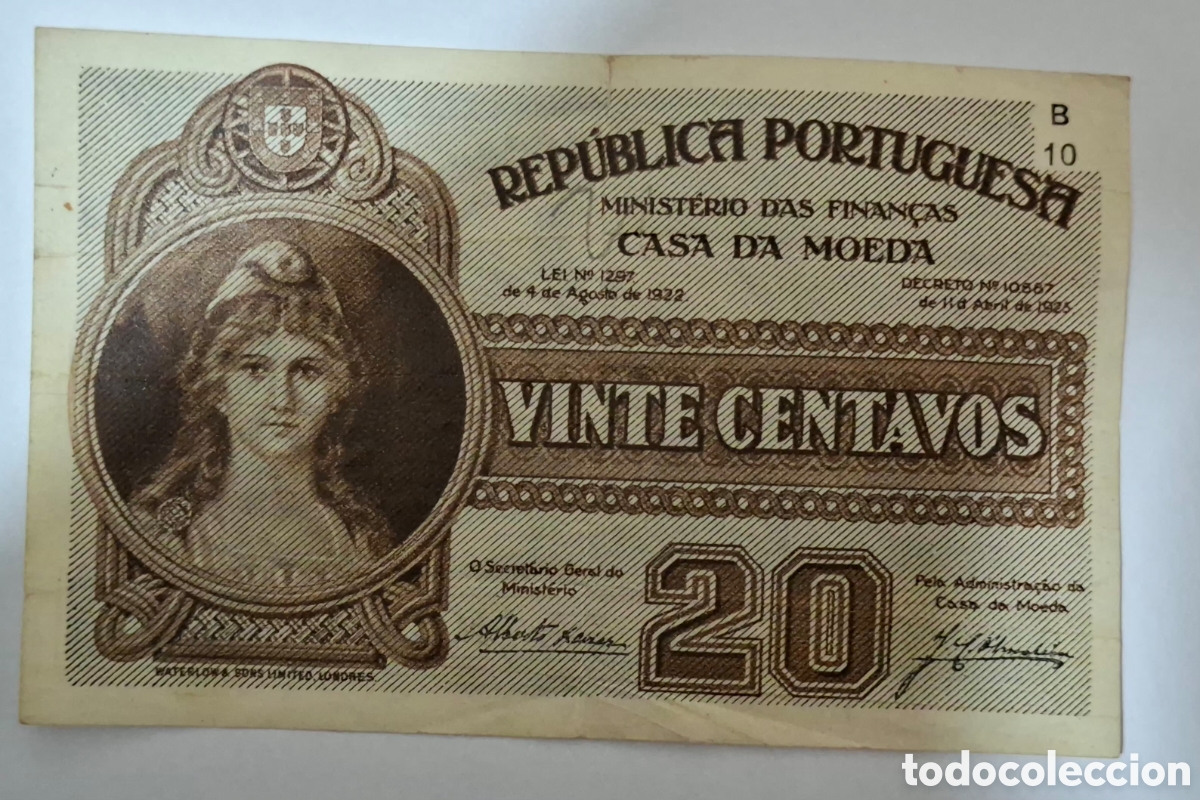 Billetes extranjeros: Billete Portugal,1.922, 20 Centavos,BC+.