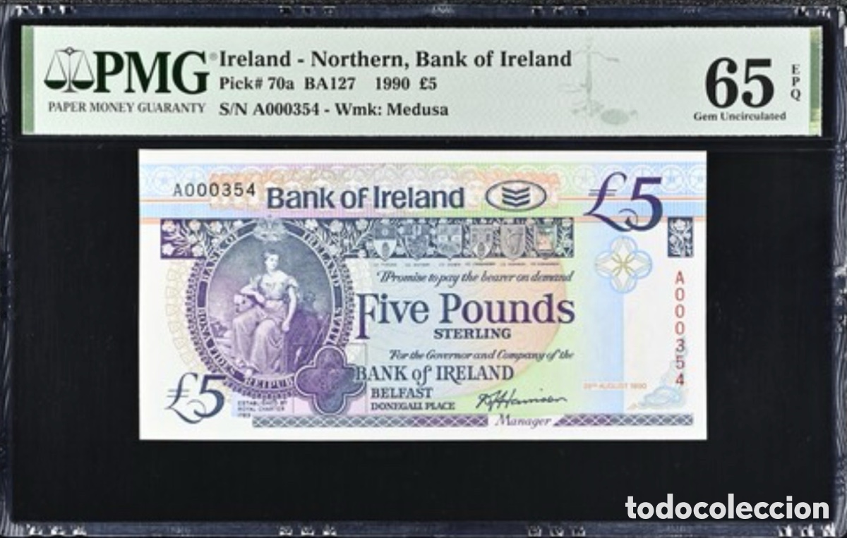 Billetes extranjeros: Billete Northern Ireland 5 libras 1990 PMG 65 Serie A Numero muy Bajo