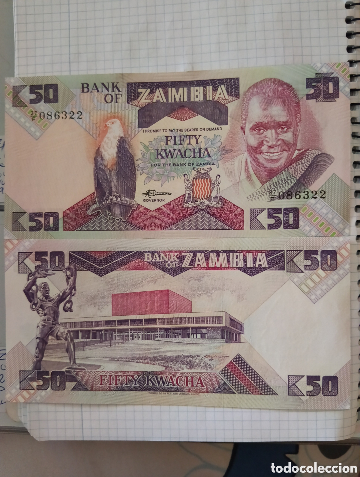 Billetes extranjeros: Zambia 50 kwacha billete de reemplazo 1986-88sc