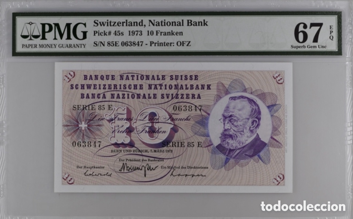 Billetes extranjeros: Billete 10 francos Suiza 1973 PMG 67