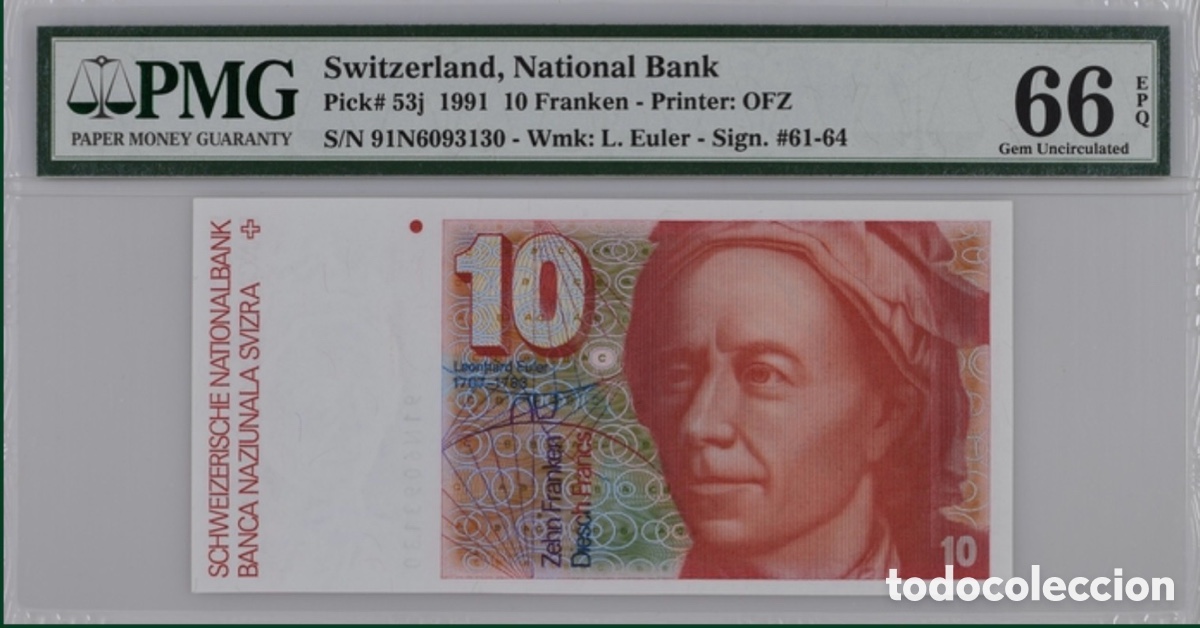 Billetes extranjeros: Billete 10 francos Suiza 1991 PMG 66