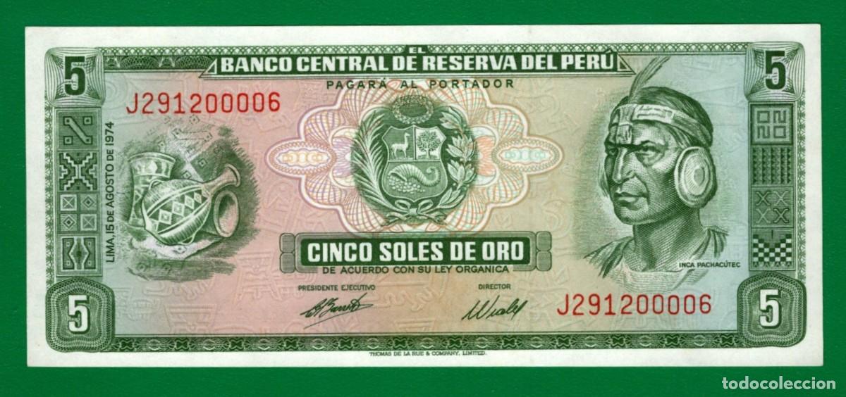 Billetes extranjeros: Billete de Per&uacute; 5 Soles Oro 15/08/74 UNC