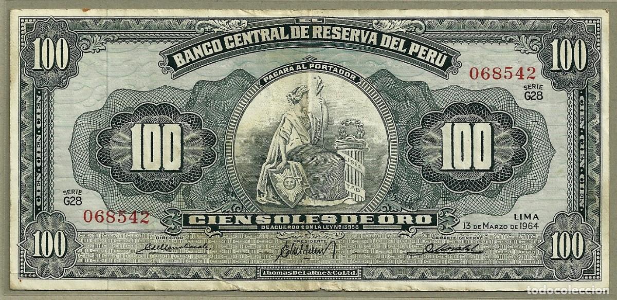 Billetes extranjeros: Billete de Per&uacute; 100 Soles Oro 13/05/1964 VF+-