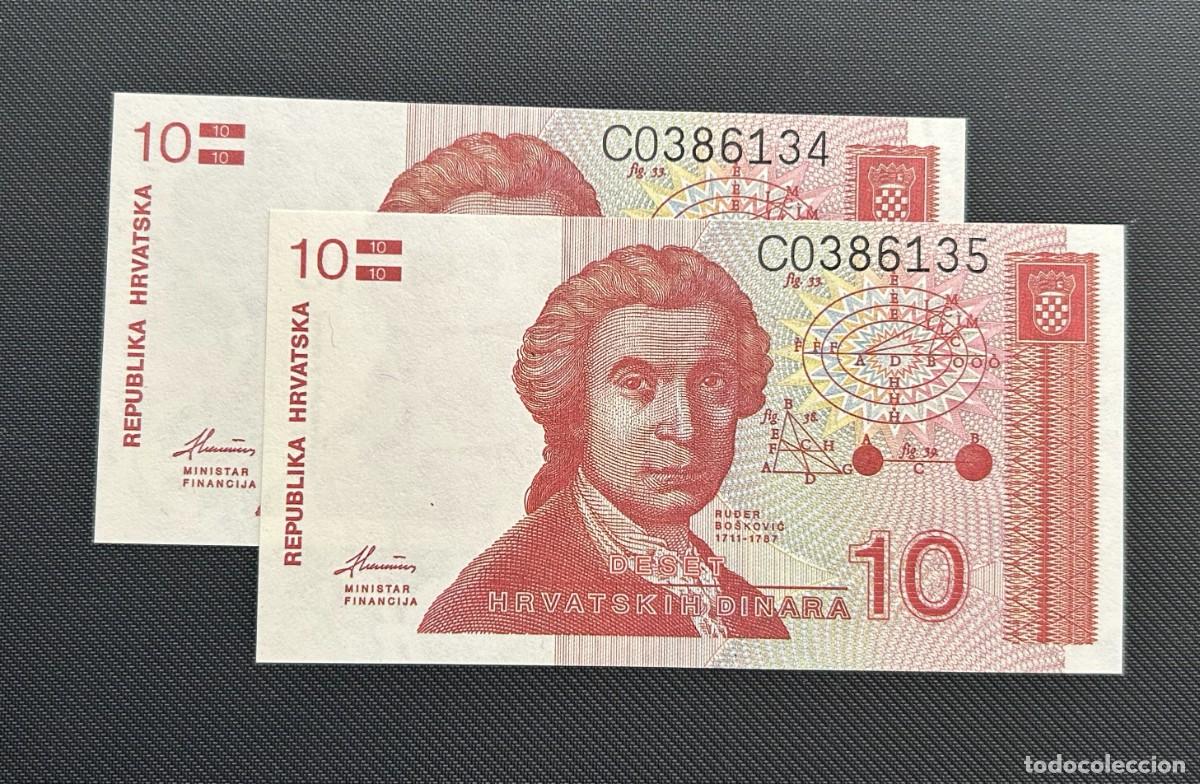 Billetes extranjeros: 10 DINARES 1991 CROACIA. P# 18A. SC / UNC. PAREJA NUMEROS CORRELATIVOS