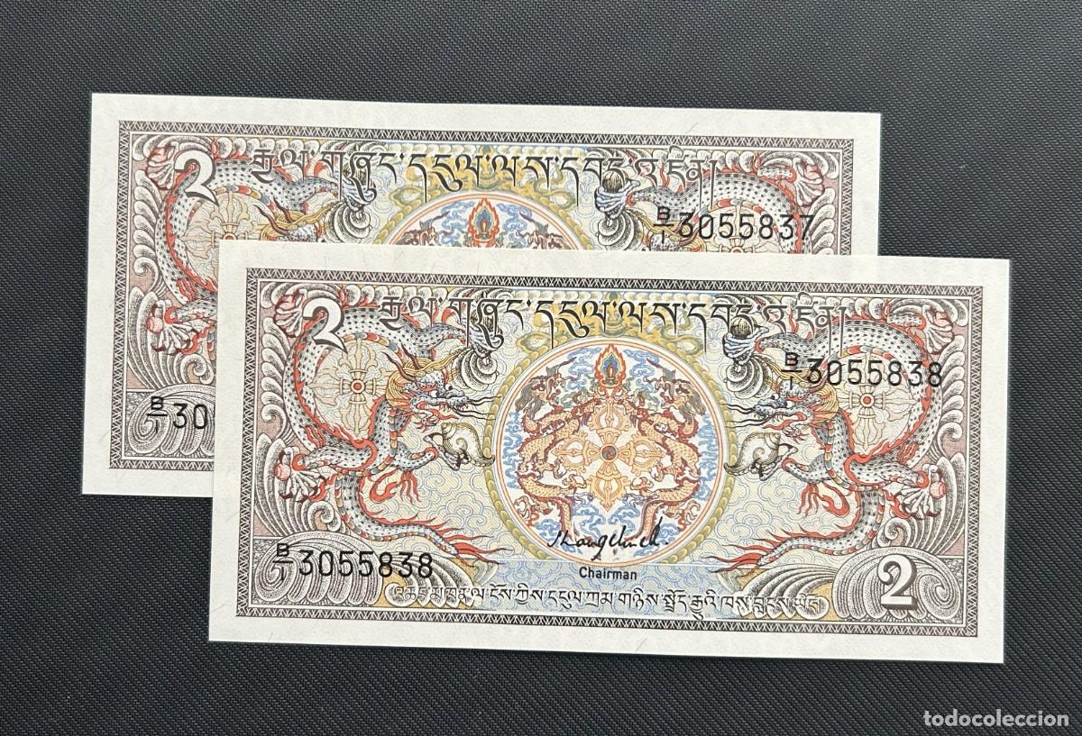 Billetes extranjeros: 2 NGULTRUM 1986 BHUTAN. P# 13. SC / UNC. PAREJA NUMEROS CORRELATIVOS