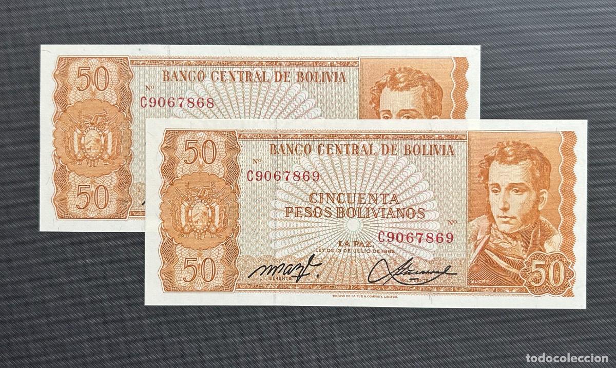 Billetes extranjeros: 50 PESOS BOLIVIANOS 1962-1981. P# 162A. SC / UNC. PAREJA NUMEROS CORRELATIVOS