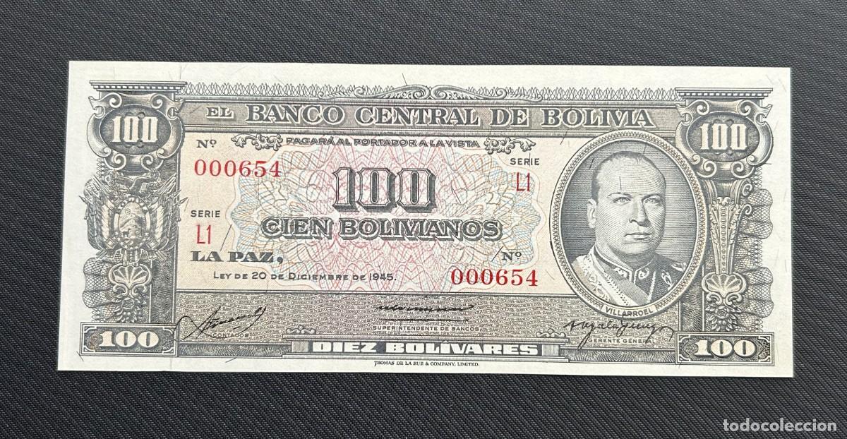 Billetes extranjeros: 100 BOLIVIANOS 1945 BOLIVIA. P# 147. SC / UNC. NUMERO BAJO