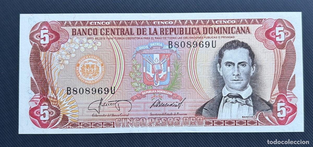Internationale Banknoten: 5 PESOS ORO 1987 REPUBLICA DOMINICANA. P# 118C. EBC/XF. DOBLEZ CENTRAL
