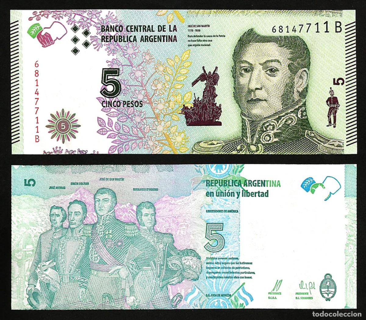 Billetes extranjeros: Argentina 5 Pesos 2015 Sufijo B Sin Circular