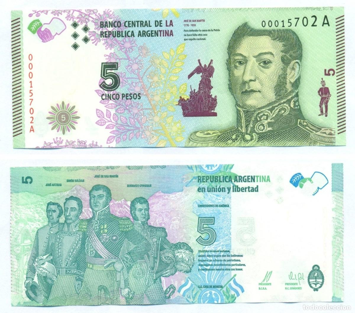 Billetes extranjeros: Argentina 5 Pesos 2015 Sufijo A Sin Circular
