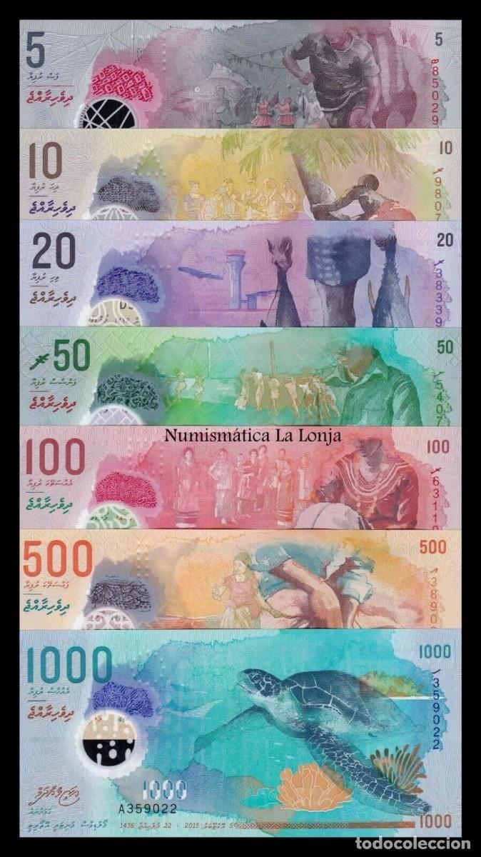 Billetes extranjeros: Maldivas Set completo 5 10 20 50 100 500 1000 Rufiyaa 2015-2024 Pick A26-36 Pol&iacute;mero Sc Unc