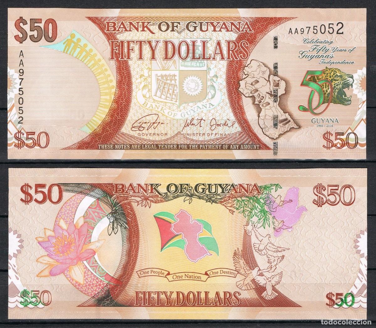 Billetes extranjeros: Guyana 50 D&oacute;lares 2016 Conmemorativo Independencia Sin Circular