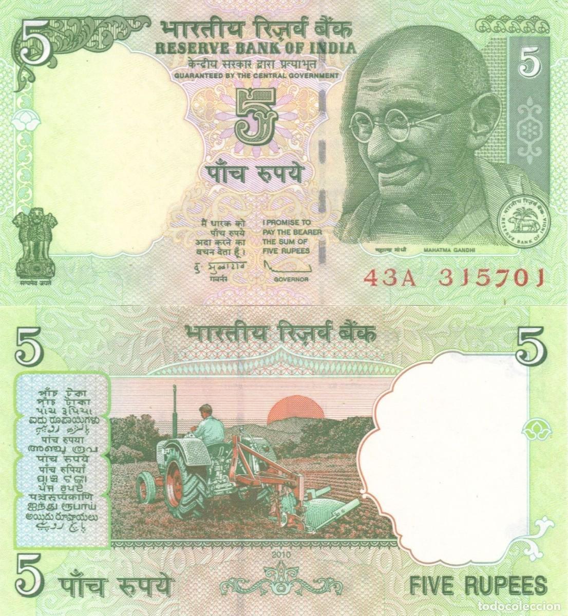 Billetes extranjeros: India 5 Rupias 2010 Sin Circular - Foto 1