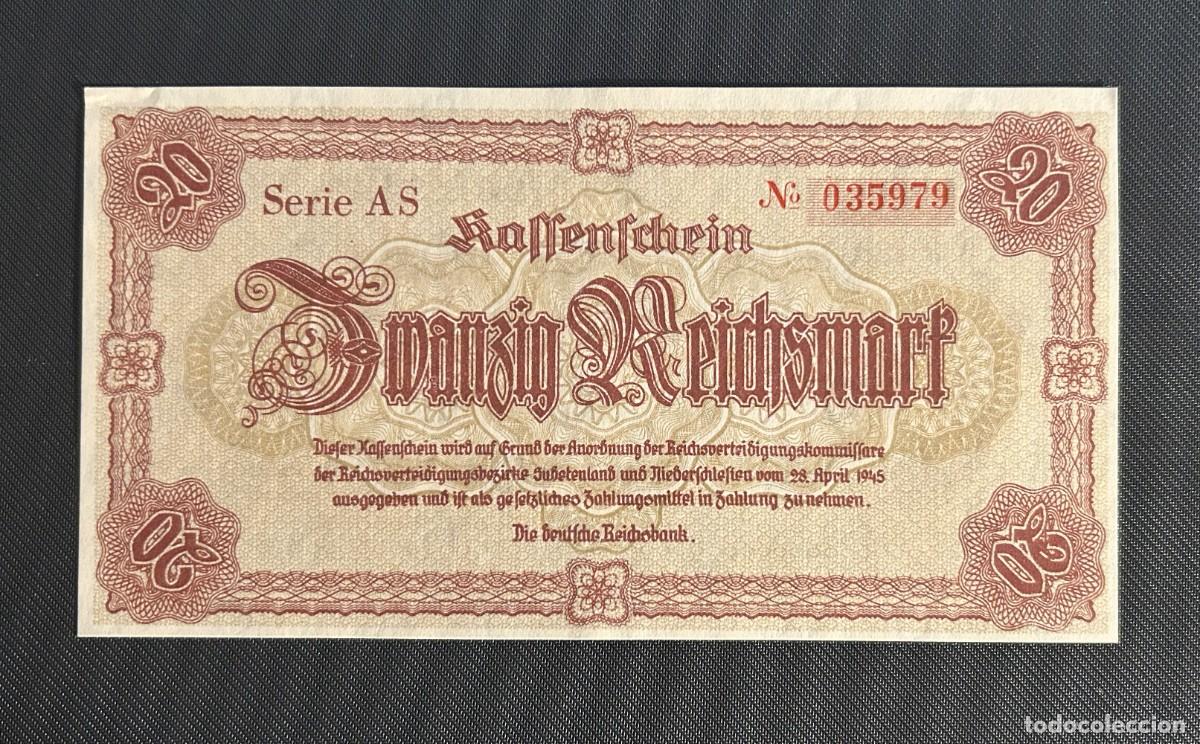 Billetes extranjeros: 20 REICHSMARCOS 1945 ALEMANIA (SUDETENLAND UND NIEDERSCHLESIEN). P# 187. SC-/AUNC. RARA