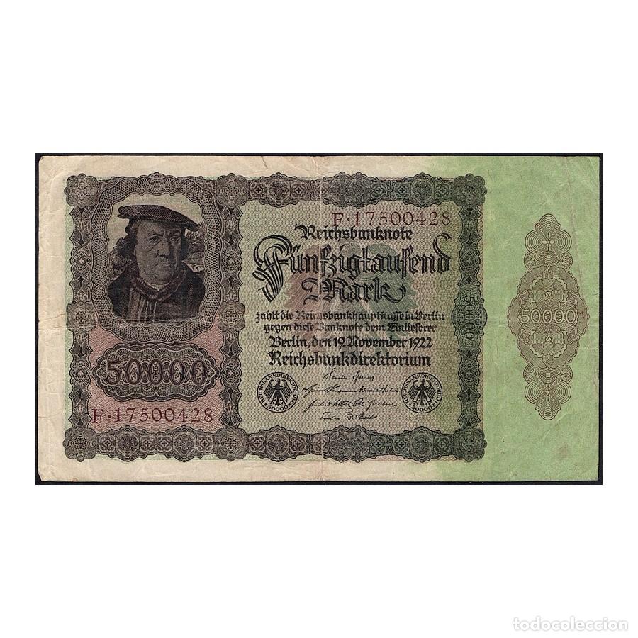 Billetes extranjeros: Alemania 1922 [BLL] 50.000 Marcos Reichbanknote (BC+)