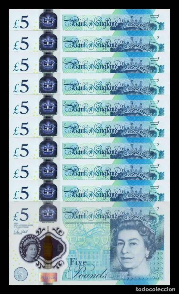 Notas Internacionais: Gran Breta&ntilde;a Lote 10 Billetes 5 Libras Elizabeth II 2015 Pick 394 Pol&iacute;mero Sc Unc