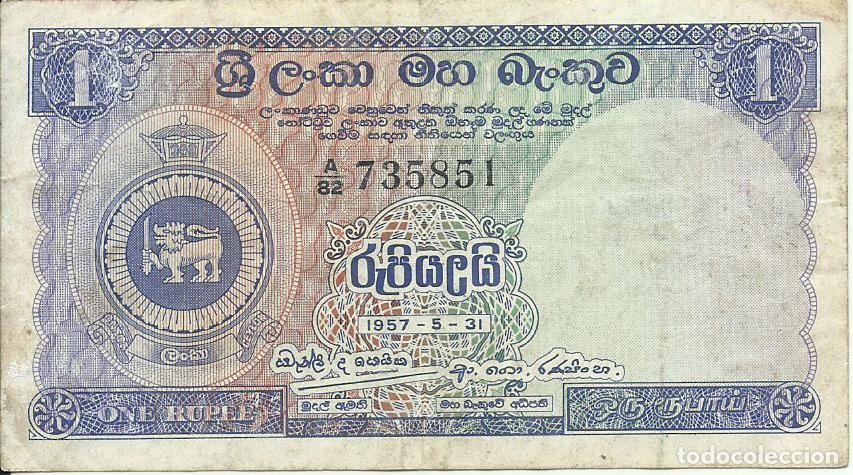 Billetes extranjeros: CENTRAL BANK OF CEYLON - 1 RUPIA - 1957 - A/82 735851 - FOTOS