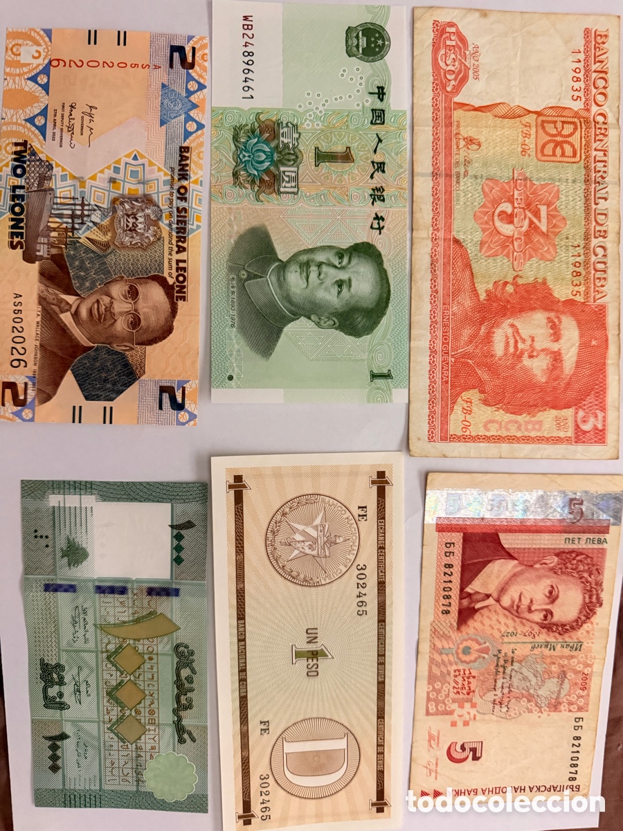 Billetes extranjeros: Lote Colecci&oacute;n Billetes del Mundo: 3 Pesos Che Guevara, 2 D&oacute;lares USA, L&iacute;bano, China y m&aacute;s