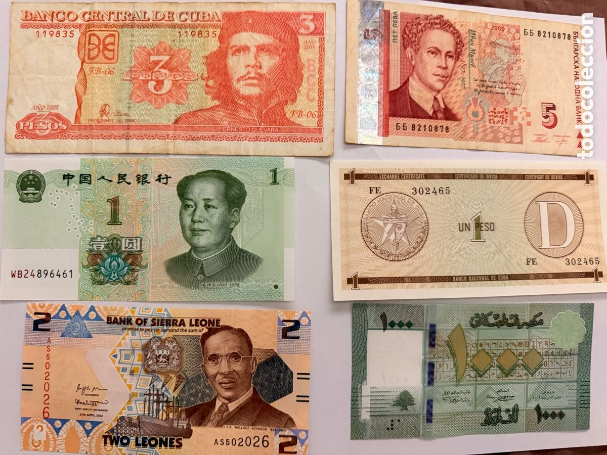 Billetes extranjeros: Lote Colecci&oacute;n Billetes del Mundo: 3 Pesos Che Guevara, 2 D&oacute;lares USA, L&iacute;bano, China y m&aacute;s