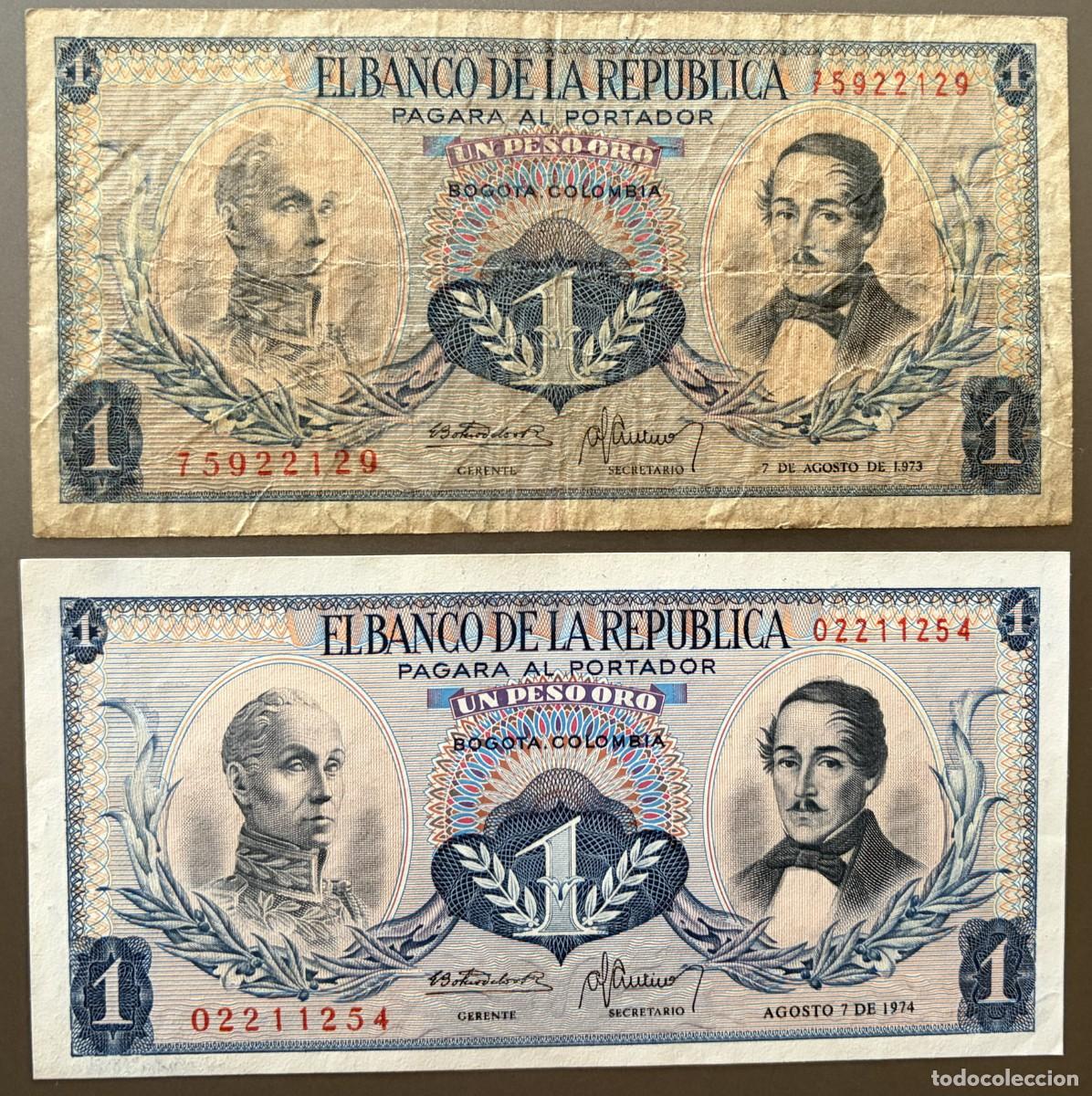 Billetes extranjeros: BN027, COLOMBIA, 1 PESO, 1973, 1974, SIMON BOLIVAR, FRANCISCO DE PAULA SANTANDER