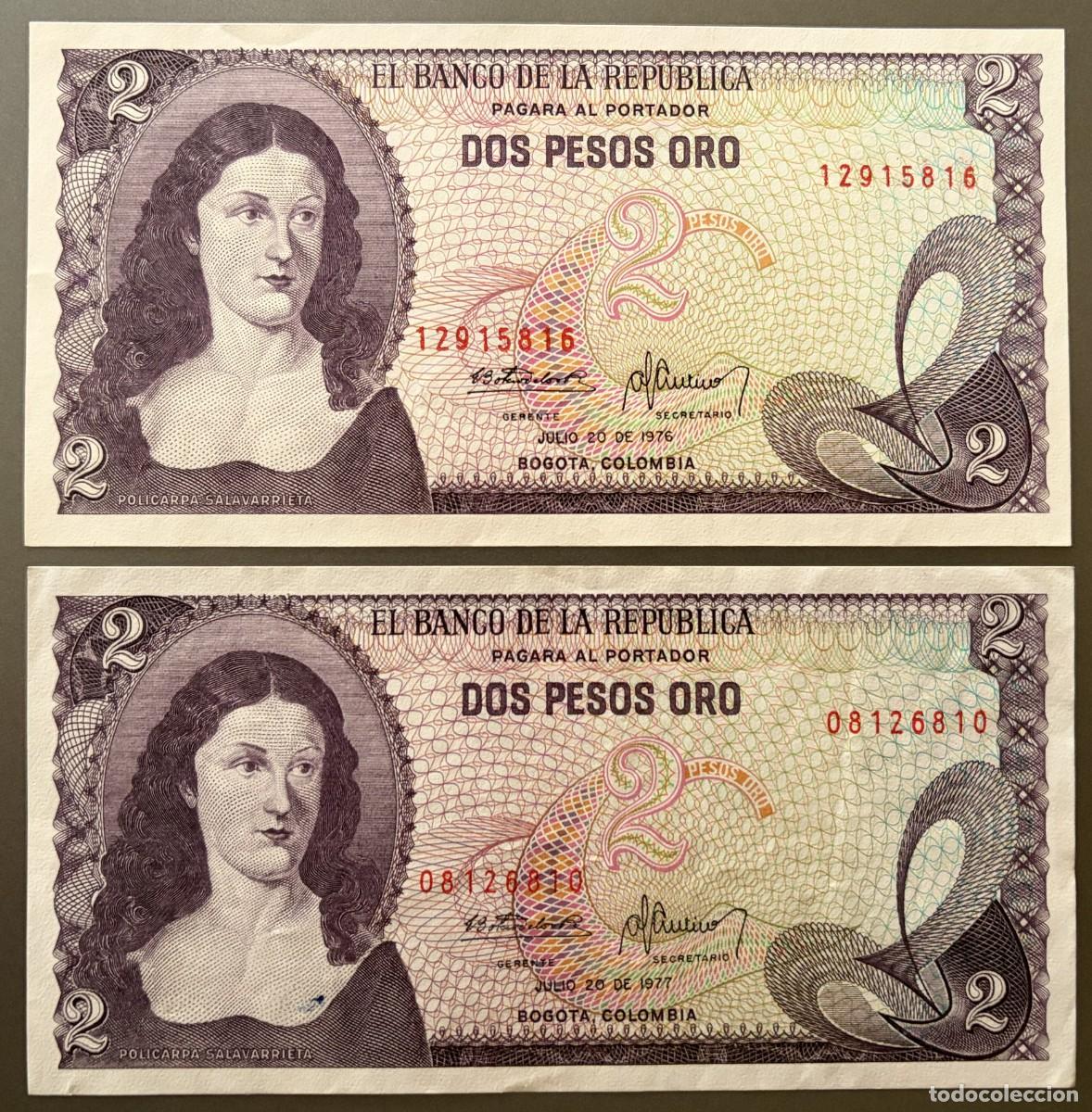 Billetes extranjeros: BN028, COLOMBIA, 2 PESOS, 1976, POLICARPA SALAVARRIETA, BALSA ESTILO MUISCA, MUSEO DEL ORO