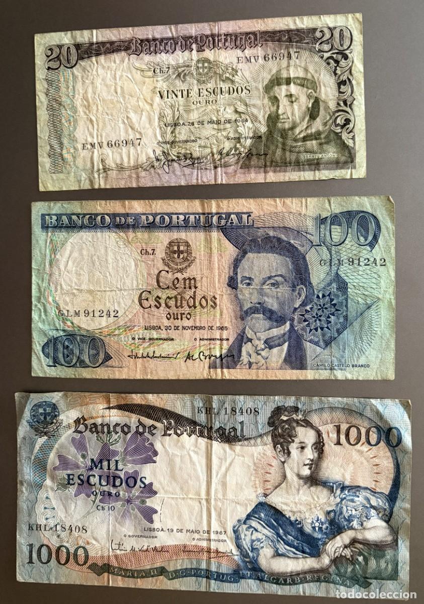 Billetes extranjeros: BN038, PORTUGAL, 20, 100, 1000 ESCUDOS, 1964, 1965, 1967, MARIA II, SANTO ANTONIO, CAMILO CASTELO BR