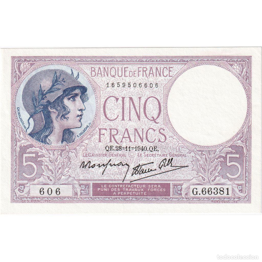 Billetes extranjeros: [#981831] Francia, 5 Francs, Violet, 1940-11-28, G.66381, UNC