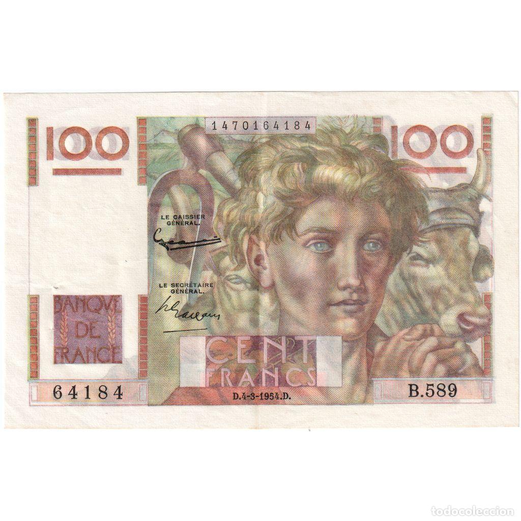 Billetes extranjeros: [#981878] Francia, 100 Francs, Jeune Paysan, 1954-03-04, B.589, filigrane invers&eacute;, MBC+