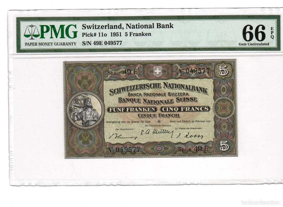 Billetes extranjeros: SUIZA 5 FRANKEN 1951 PICK 11o CERTIFICADO POR PMG 66 EPQ