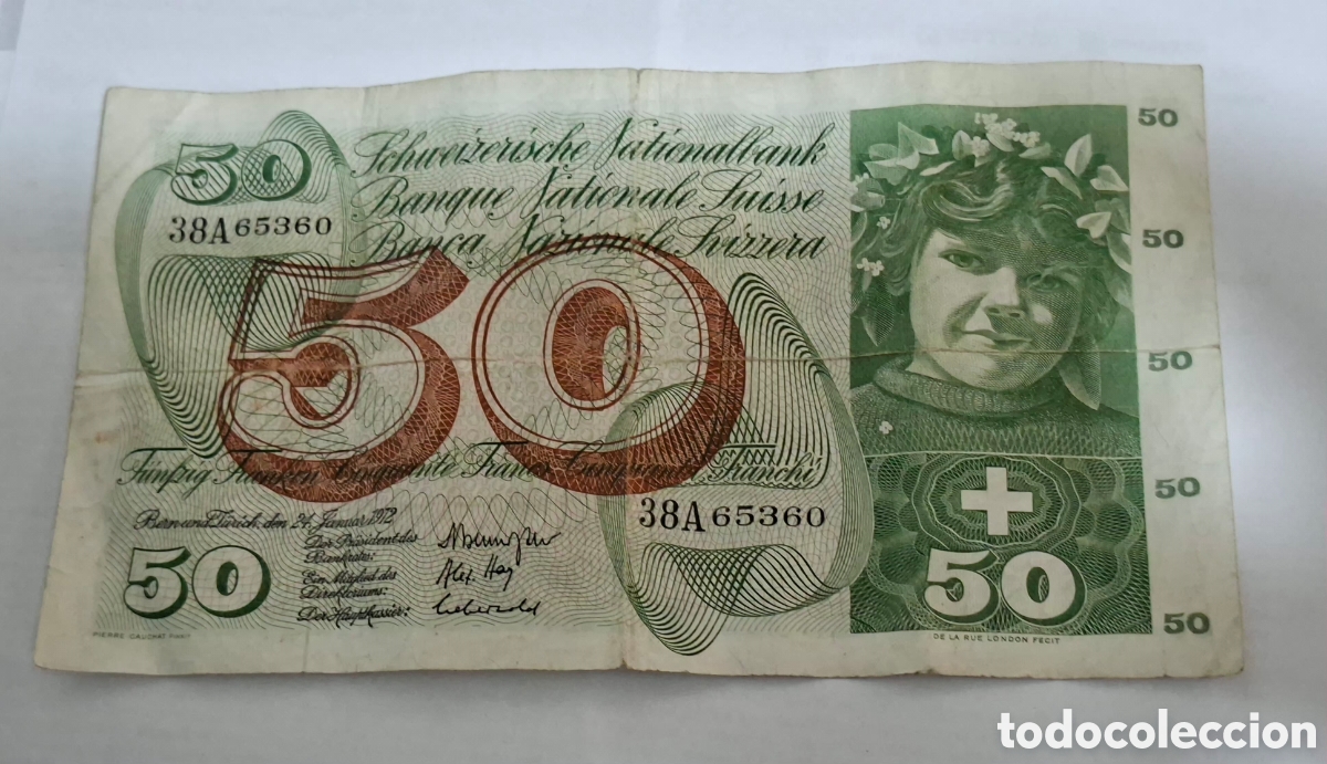 Billetes extranjeros: Billete Suiza,1.972, 50 Francos,BC+
