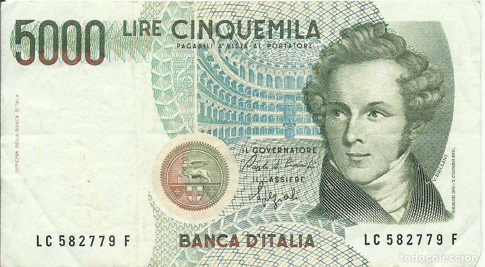 Billetes extranjeros: ITALIA - 5000 LIRAS - 1985 - LC 582779 F - V. BELLINI - FOTOS
