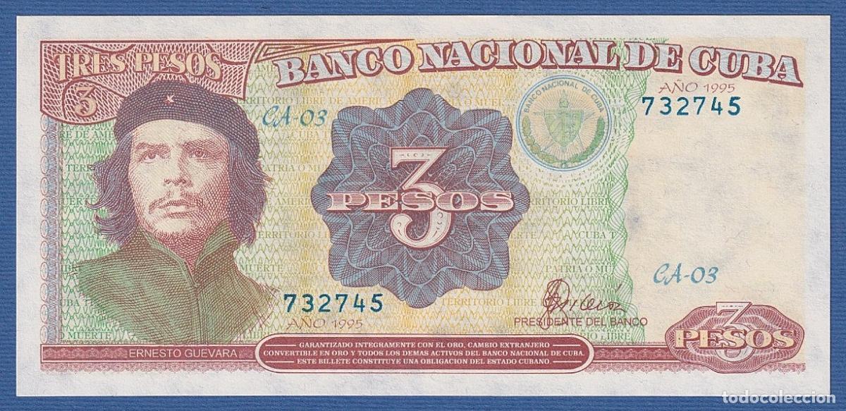 Billetes extranjeros: CUBA -- 3 PESOS ( 1995 ) -- UNC -- SERIE CA-03 -- PICK 113 .