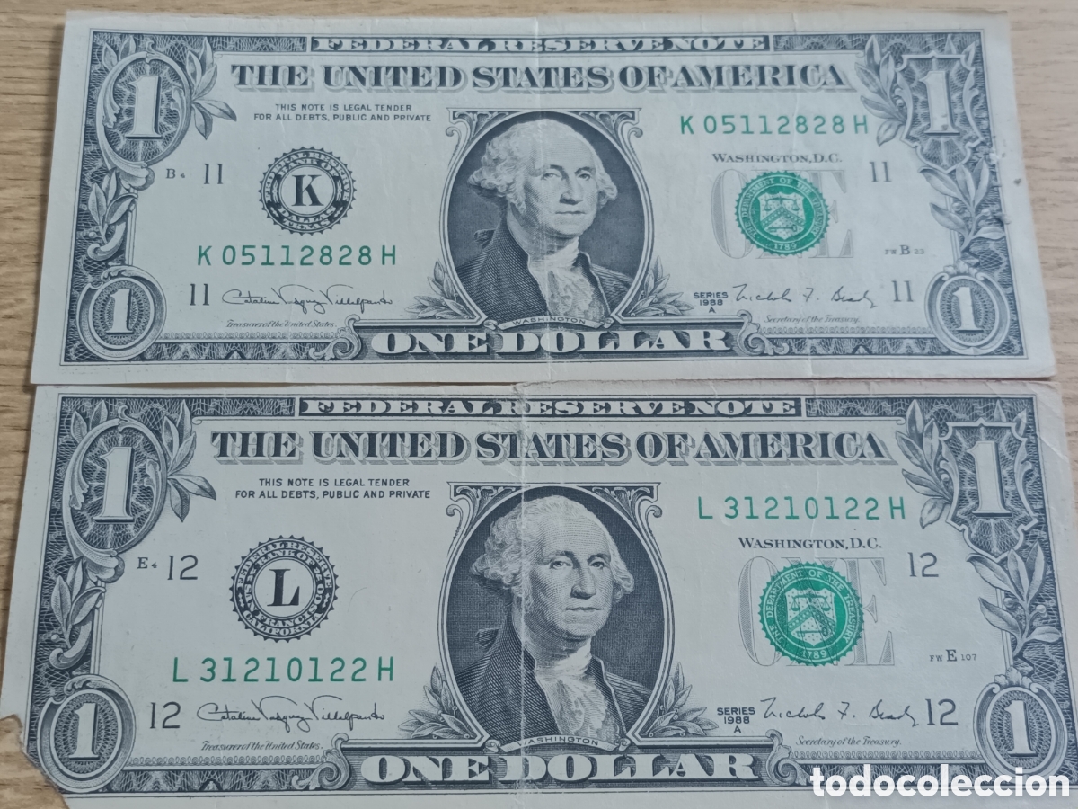 Billetes extranjeros: PAREJA DE BILLETES DE UN DOLAR A&Ntilde;O 1988