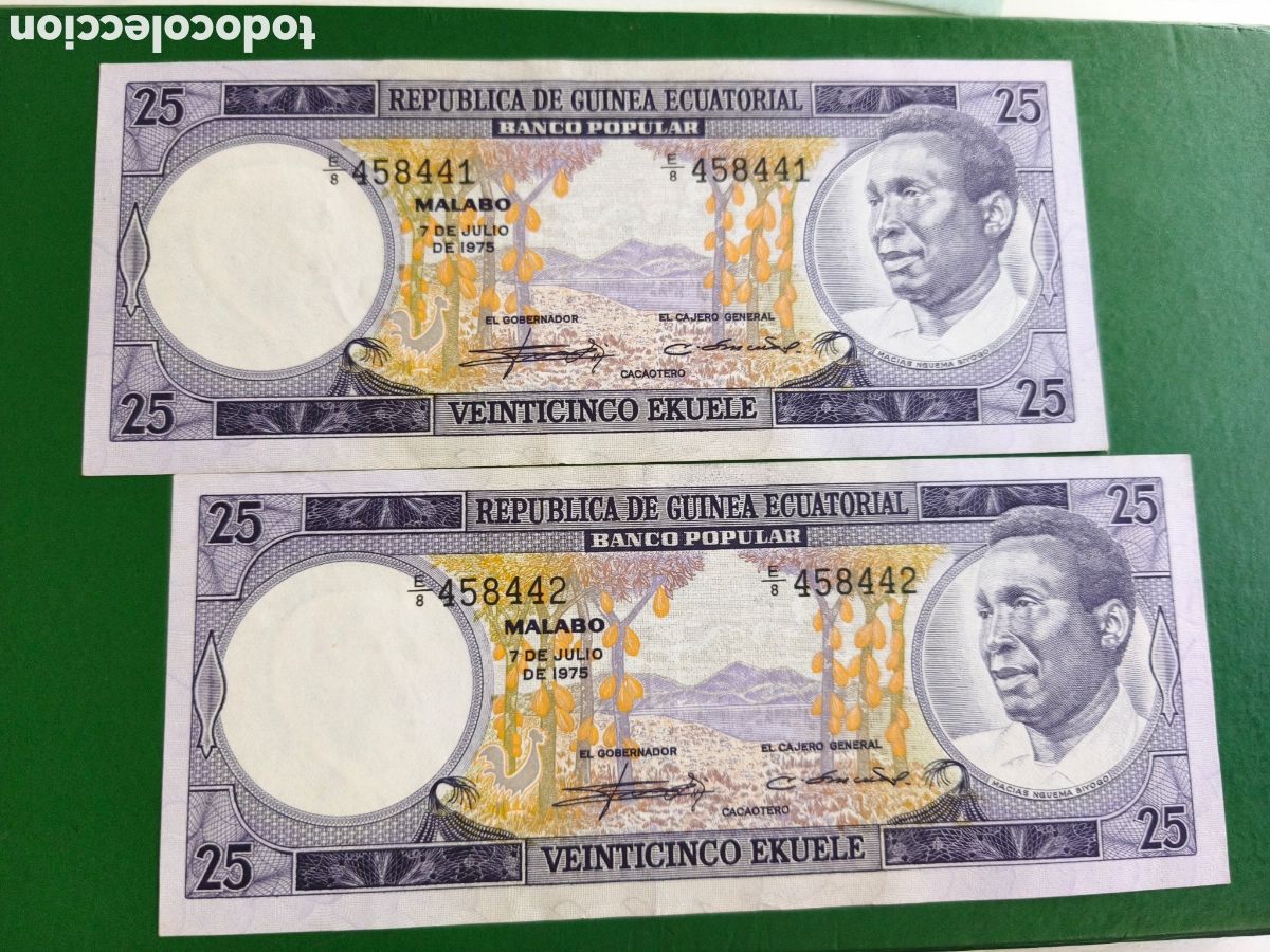 Billetes extranjeros: Pareja correlativa 25 ekuele guinea Ecuatorial 1975