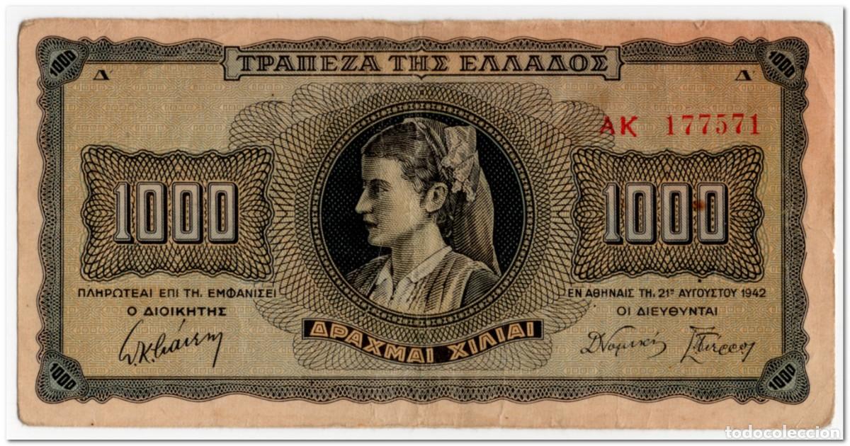Billetes extranjeros: GREECE,1000 DRACHMAI,1942,P.118,VF