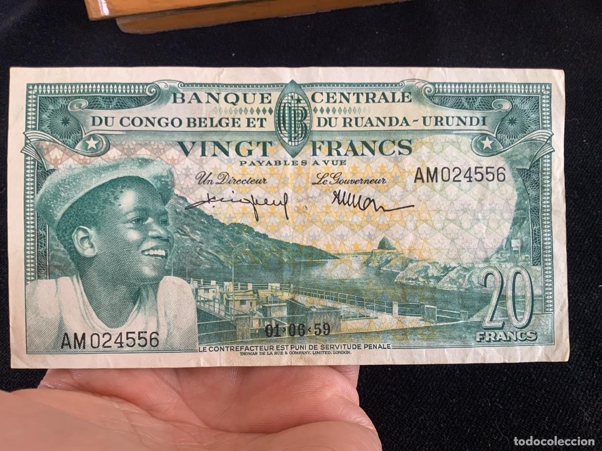 Billetes extranjeros: Billete de 20 francs 1959, Congo Belga, ruanda Urundi.