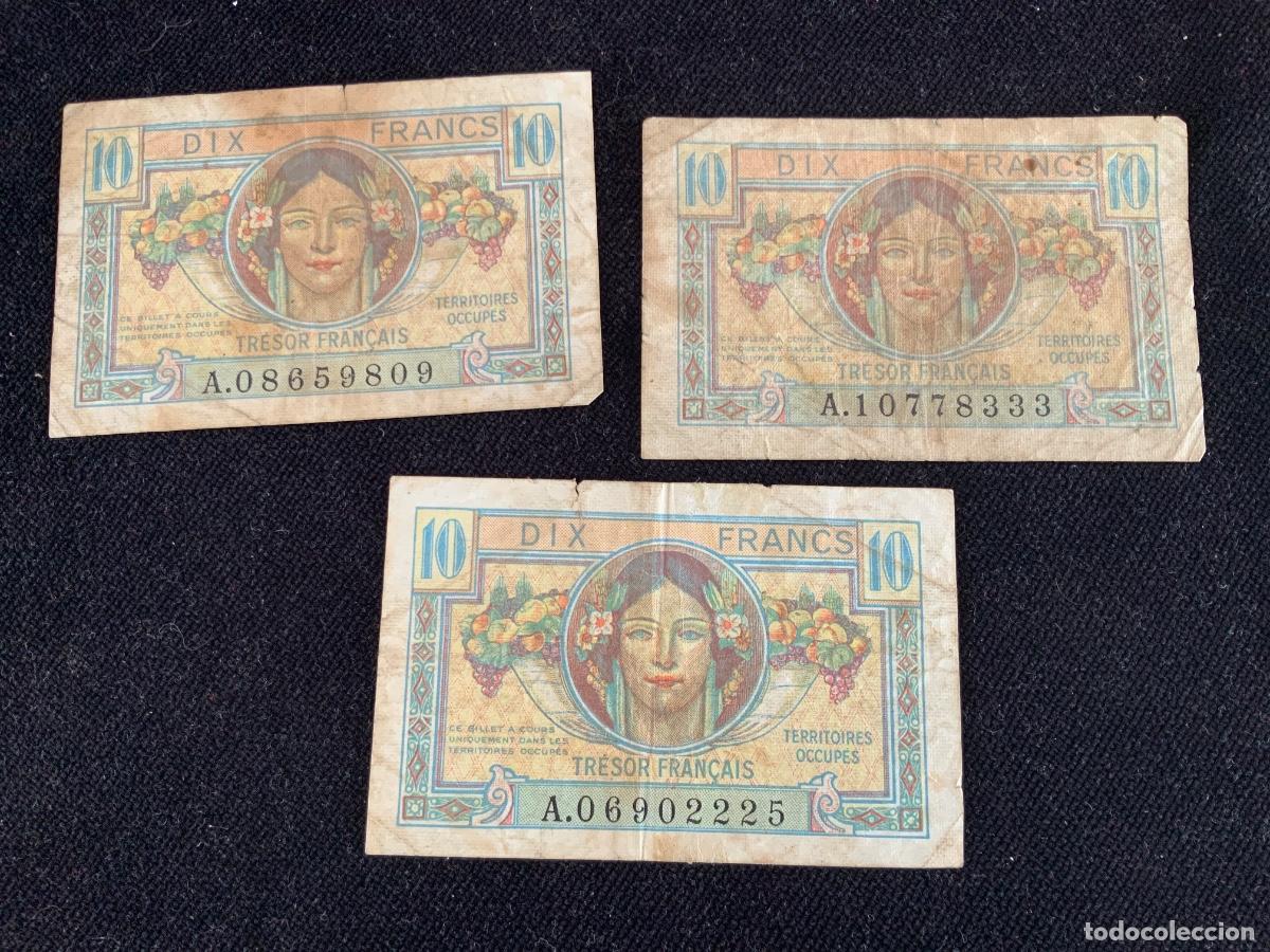 Billetes extranjeros: Lote de 3 billetes 10 francs, 1947 territoires occupes, territorios ocupados por francia.