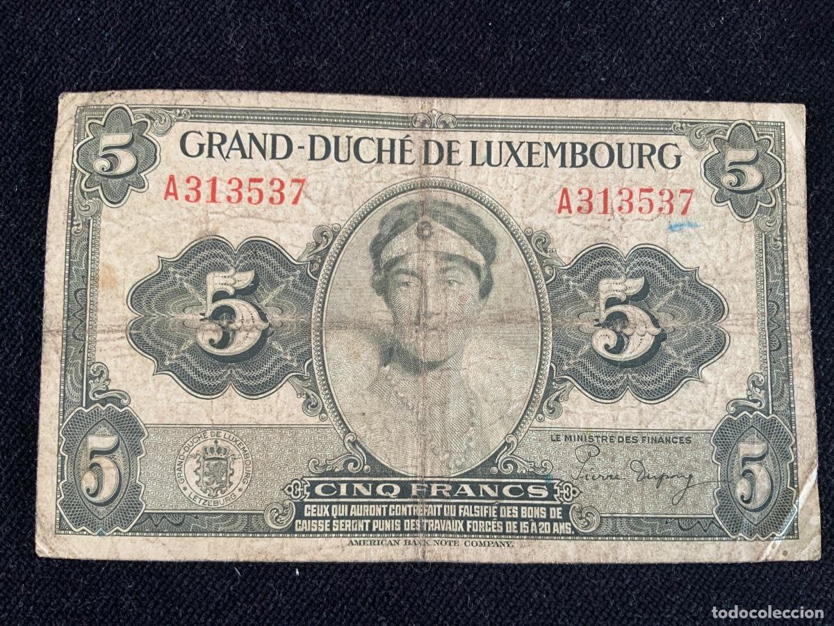 Billetes extranjeros: Billete de 5 francs 1943 1944, Luxemburgo.