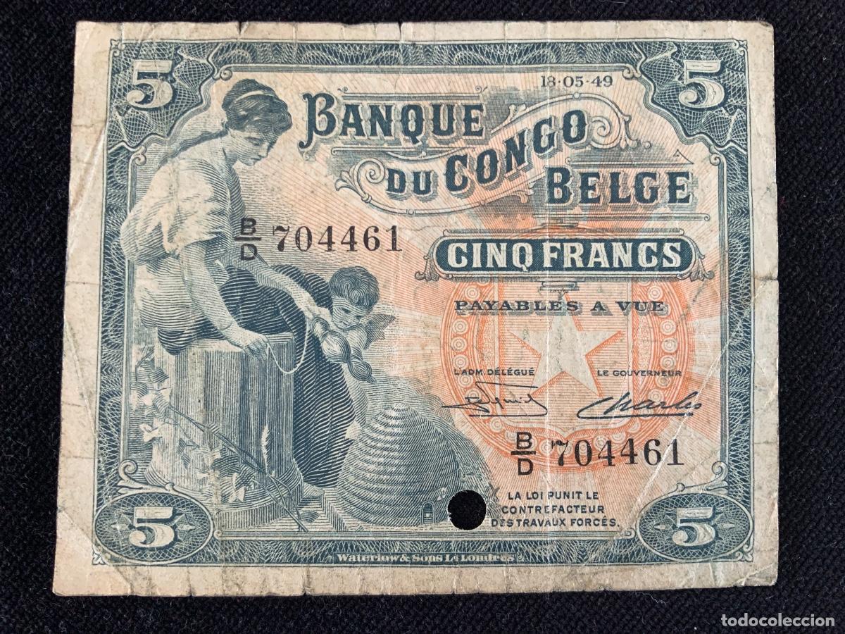 Billetes extranjeros: Billete 5 francs Congo Belga 1949, perforado.