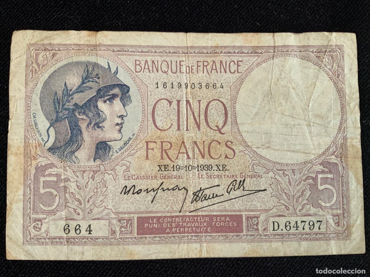 Banconote internazionali: Billete de 5 francs 1939.