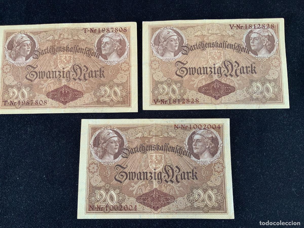 Banconote internazionali: Lote 3 billetes de 20 mark 1914, marron, Alemania.